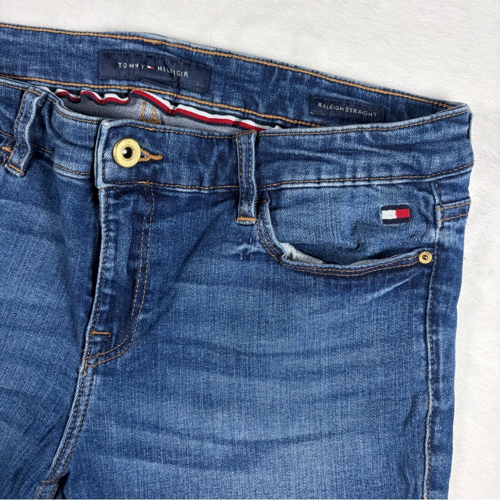 TOMMY HILFIGER y2k Logo Raleigh Straight Leg Mid Rise Blue Denim Jeans Pants 4 - Picture 4 of 9